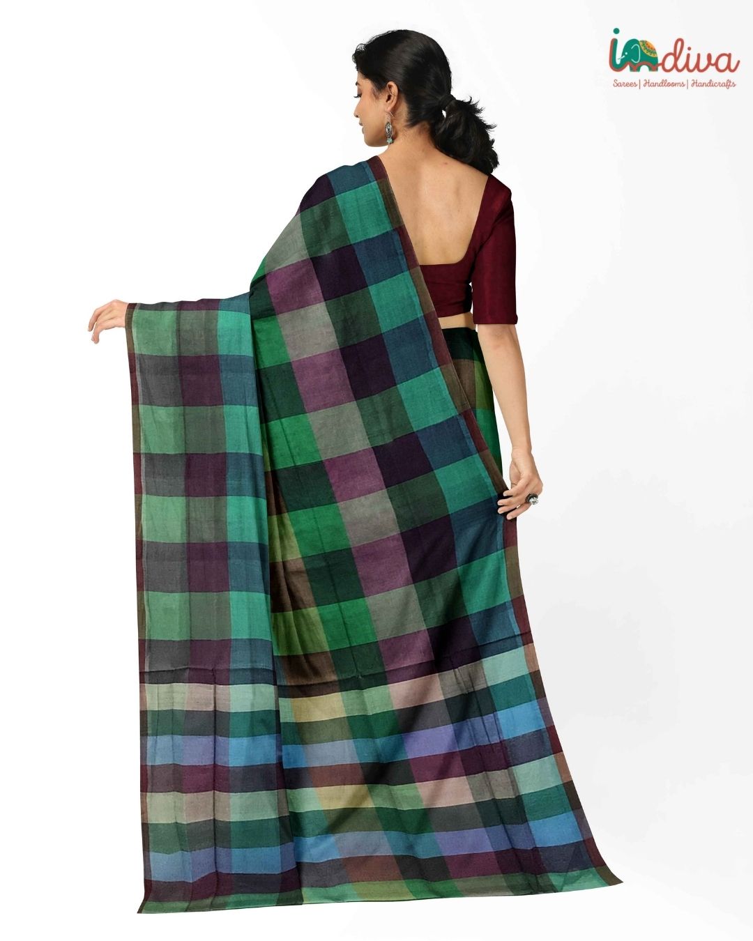 Maroon Wide Checks Andhra Handloom Cotton Saree