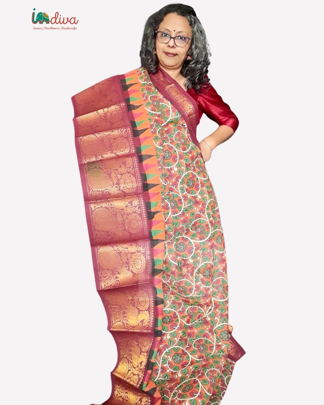 Orange & Brown Sungudi Cotton Saree With Kalamkari Prints