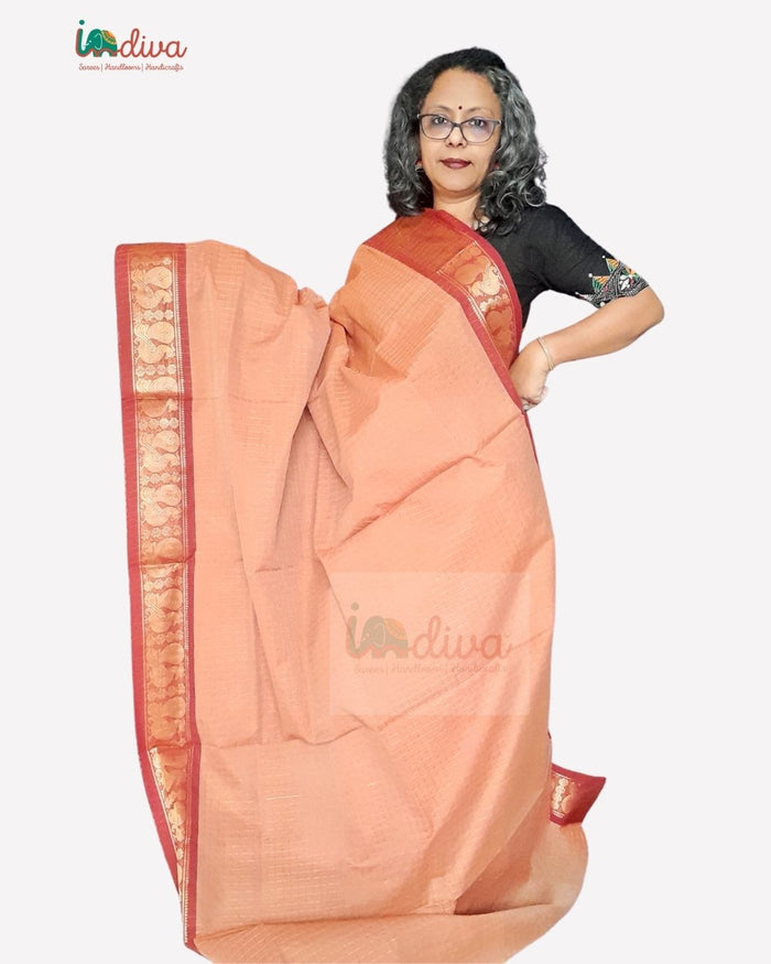 Peach Orange Sungudi Cotton Saree With Peacock Border