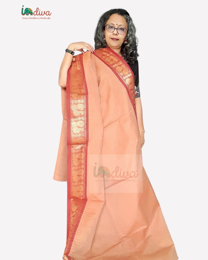 Peach Orange Sungudi Cotton Saree With Peacock Border