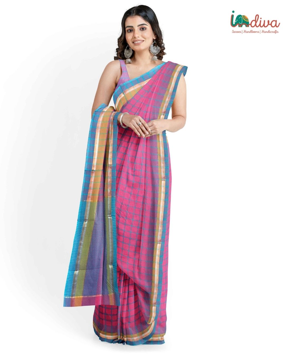 Pink & Blue Checks Mangalgiri Cotton Saree