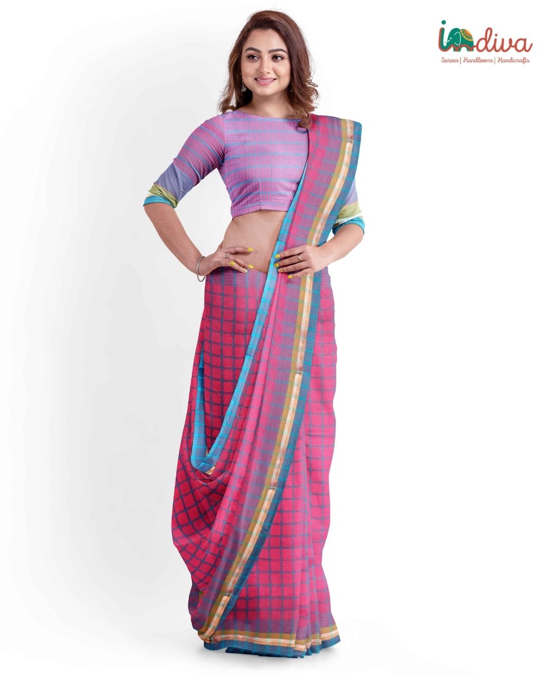 Pink & Blue Checks Mangalgiri Cotton Saree