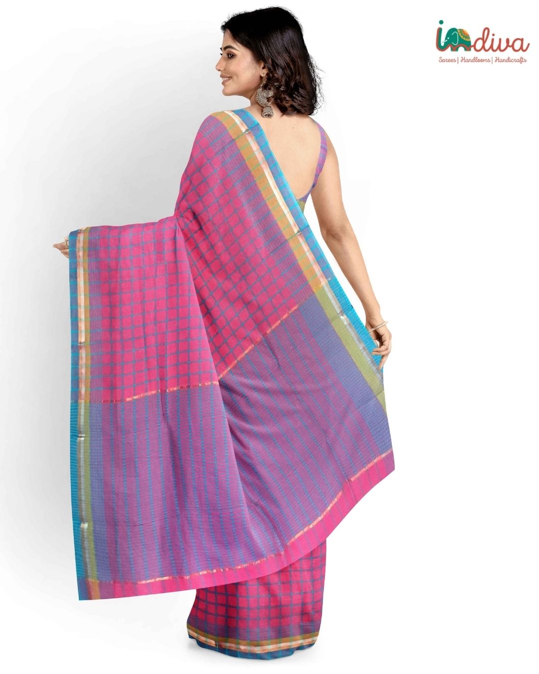 Pink & Blue Checks Mangalgiri Cotton Saree