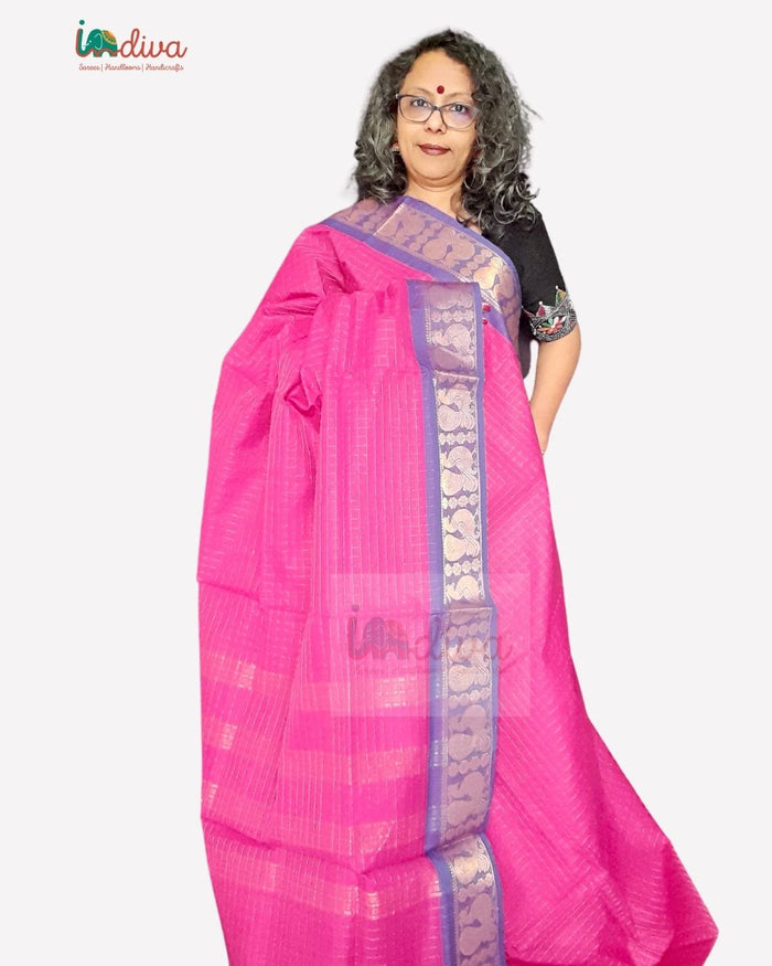 Sungudi Handloom Cotton Pink Saree With Peacock Border