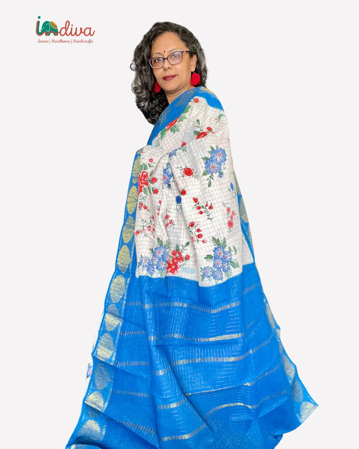 White & Blue Tie Dye Handloom Sungudi Cotton Saree