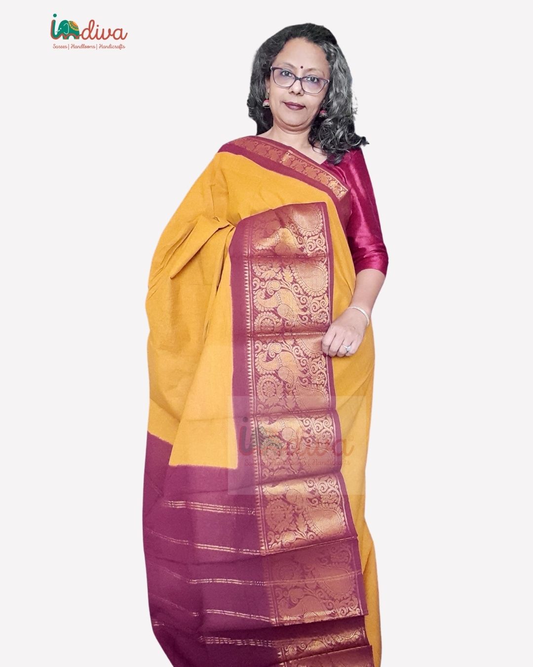 Yellow & Brown Tie Dye Handloom Sungudi Cotton Saree