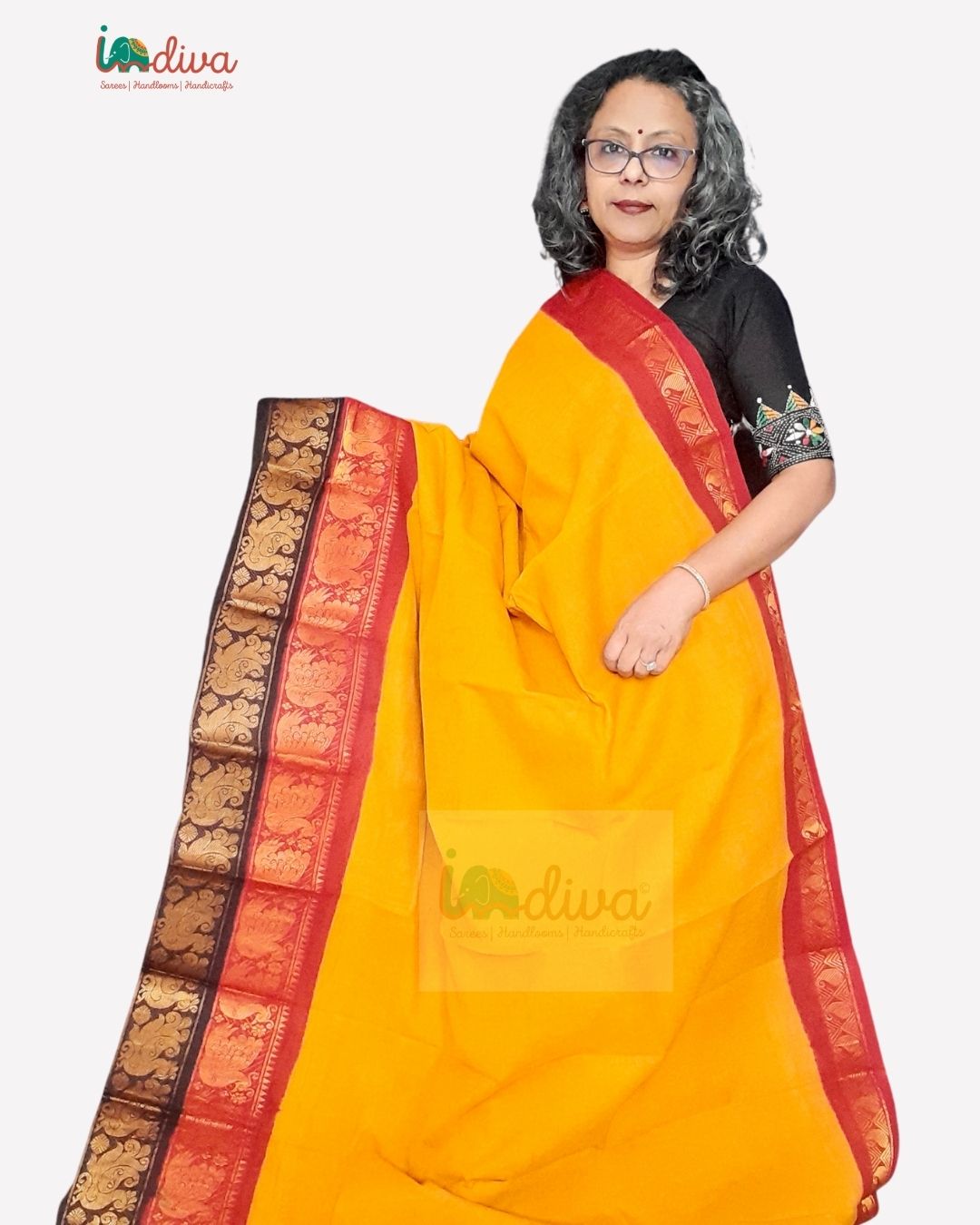 Yellow, Maroon & Black Double Border Sungudi Handloom Cotton Saree