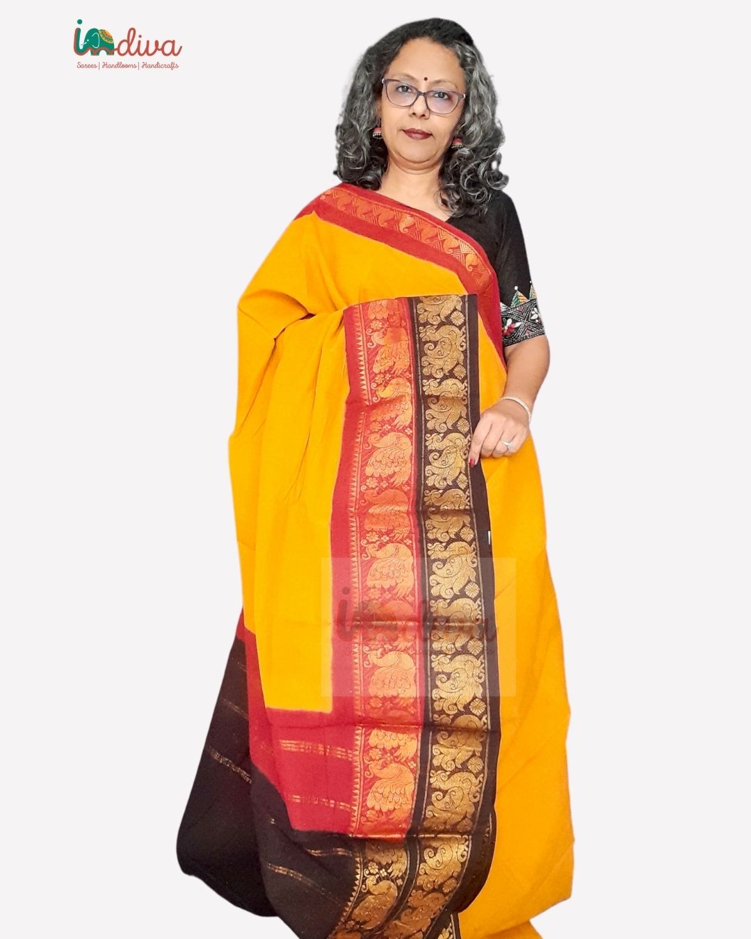 Yellow, Maroon & Black Double Border Sungudi Handloom Cotton Saree