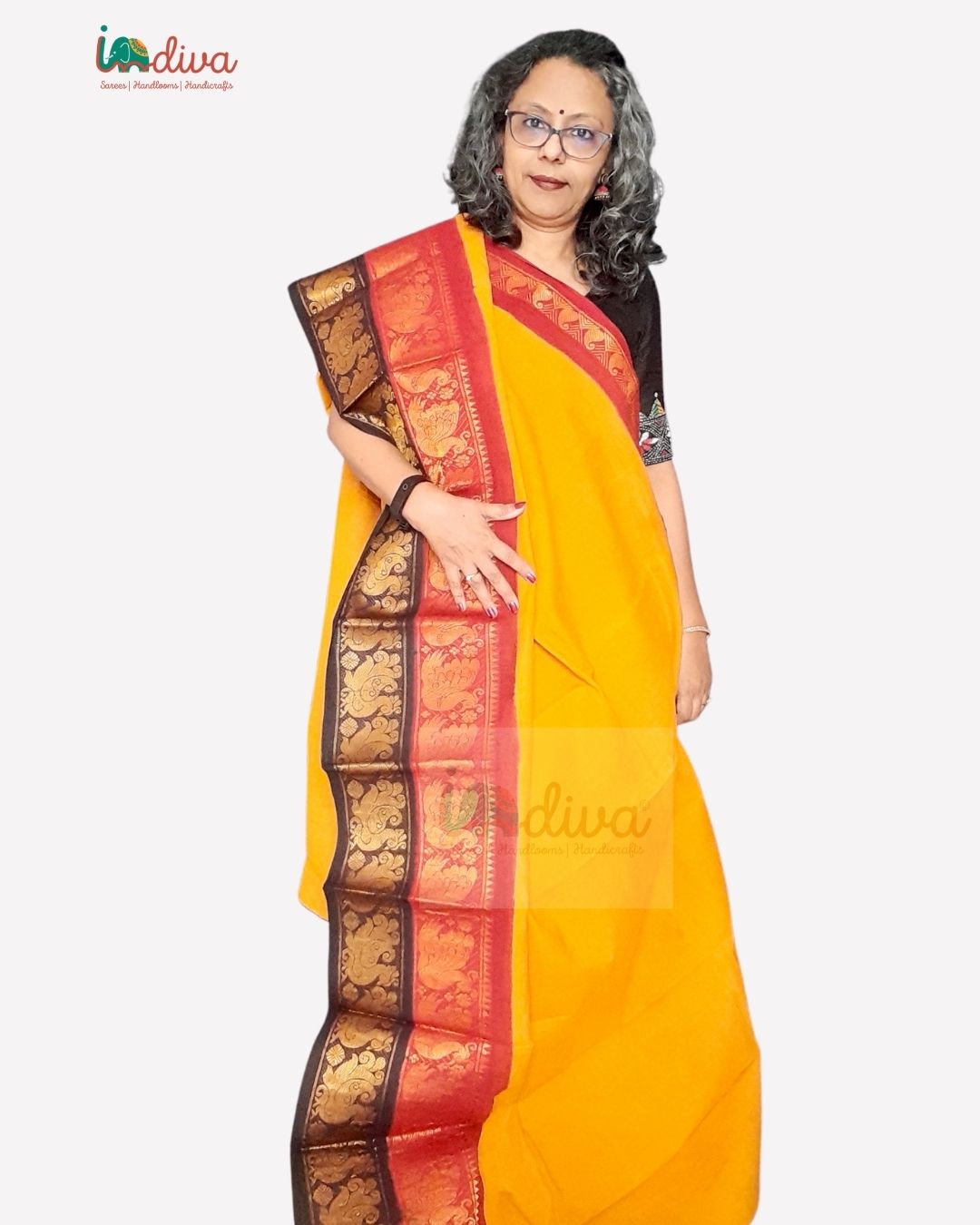 Yellow, Maroon & Black Double Border Sungudi Handloom Cotton Saree