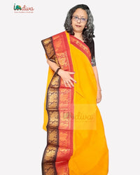 Yellow, Maroon & Black Double Border Sungudi Handloom Cotton Saree