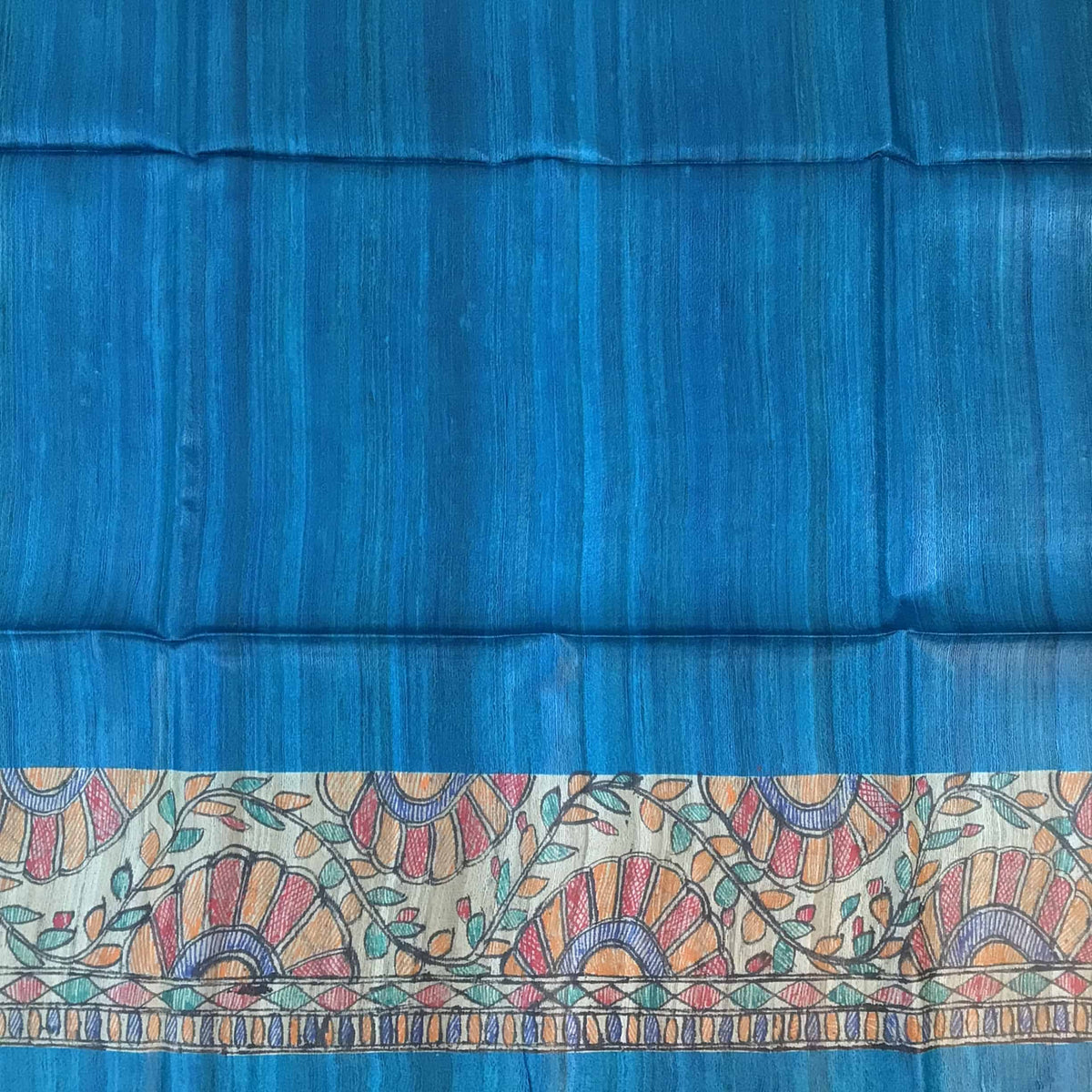 Blue Madhubani Hand painted Tussar Ghicha Saree Pallu