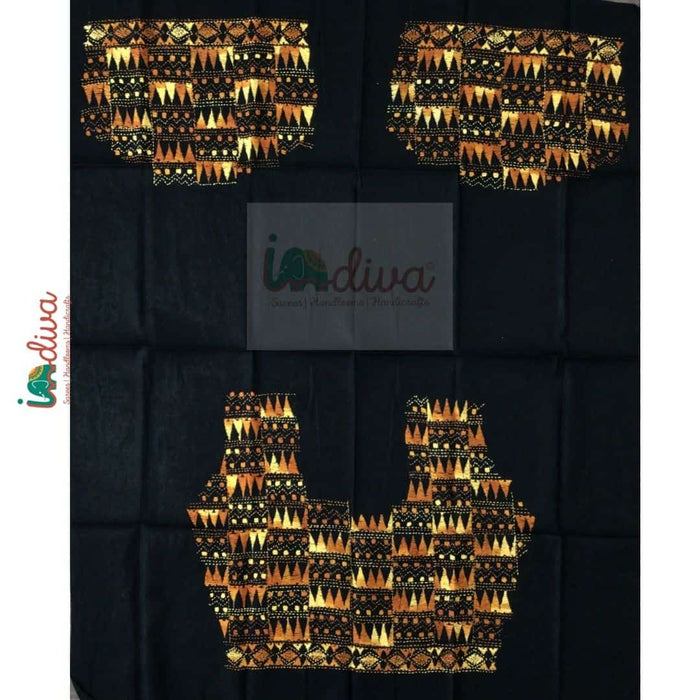 Gorgeous Black Kantha Blouse Material With Geometric Motifs