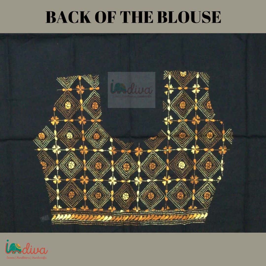 Black Kantha Blouse Fabric with White & Orange Motifs