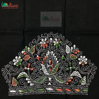 Black Kantha Blouse Material With White, Green & Orange Motifs-Sleeve