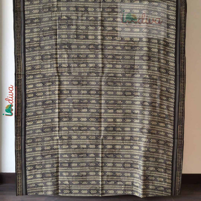Block Printed Natural Dyed Grey Mulmul Saree-Body