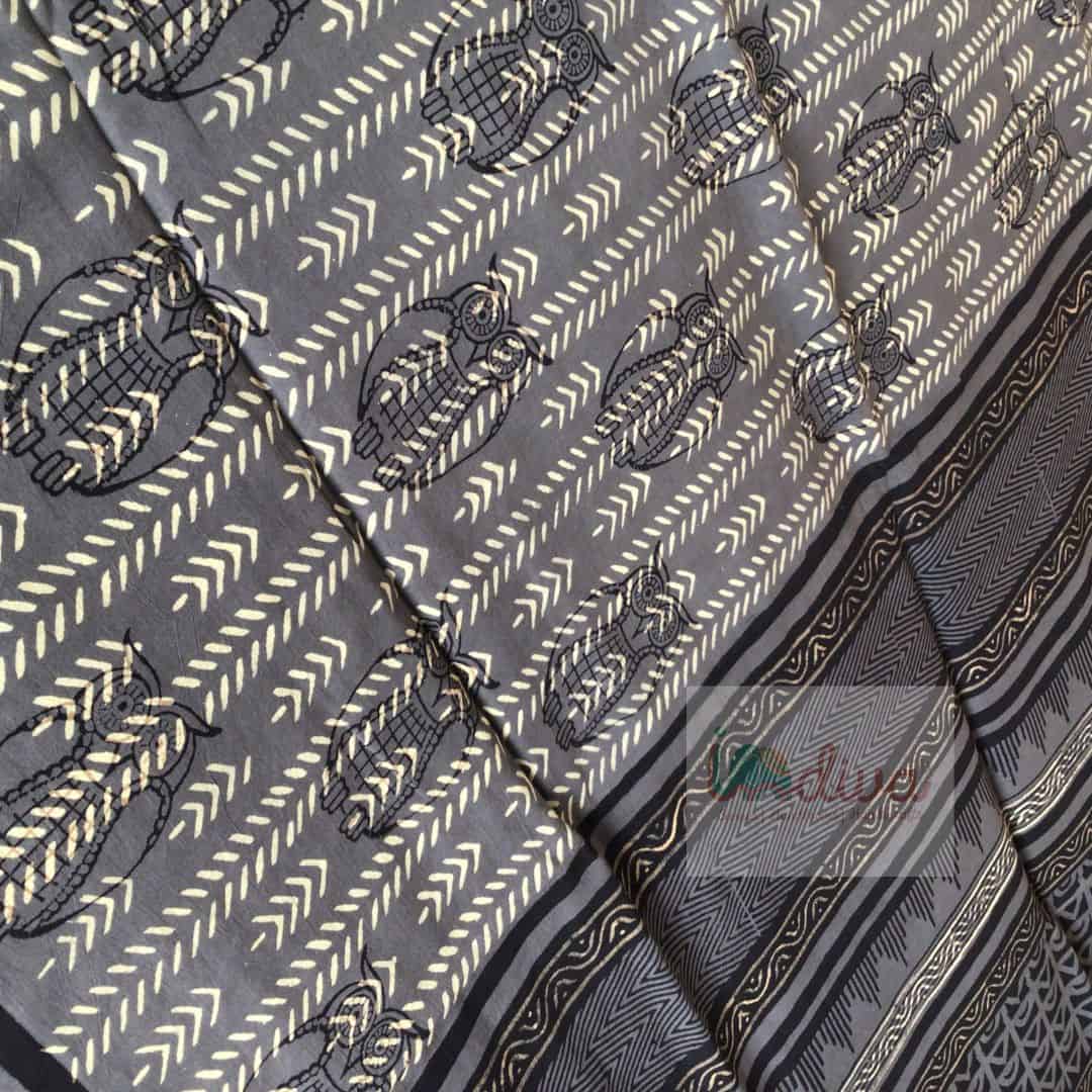 Block Printed Natural Dyed Grey Mulmul Saree-Flat lay