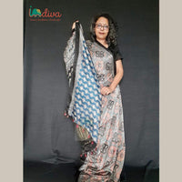 Blue Block Printed Modal Silk Ajrakh Saree-Blouse