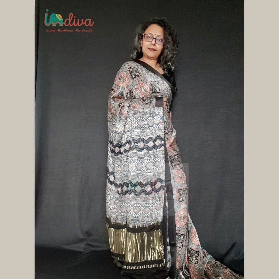 Blue Block Printed Modal Silk Ajrakh Saree