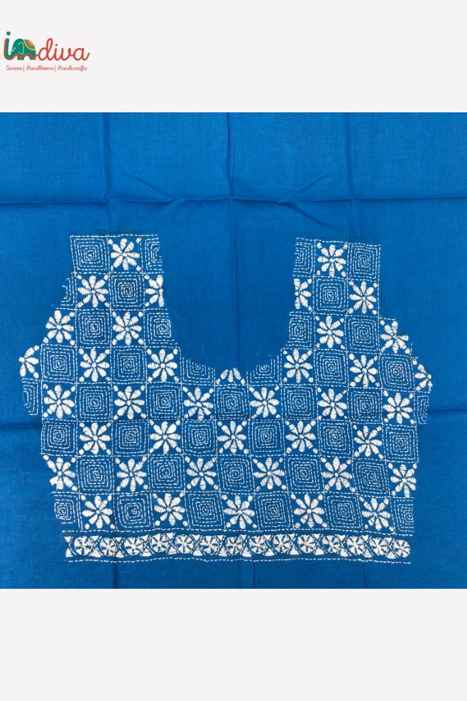 Blue Kantha Work Blouse Piece With White Motifs