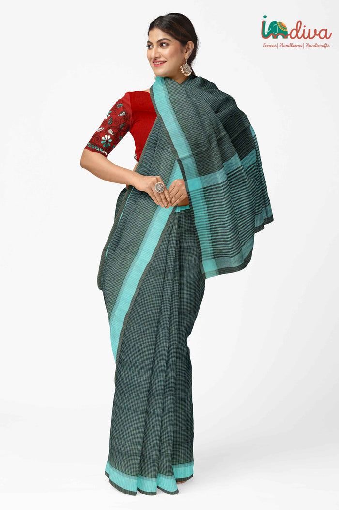 Indiva Bottle Green Andhra Handloom Checks Cotton Saree