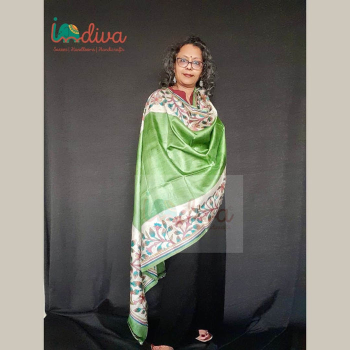 Green Hand-embroidered Kantha Tussar Silk Dupatta