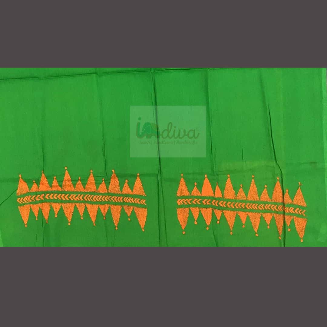 Green Kantha Blouse Fabric With Orange Embroidery-Sleeves