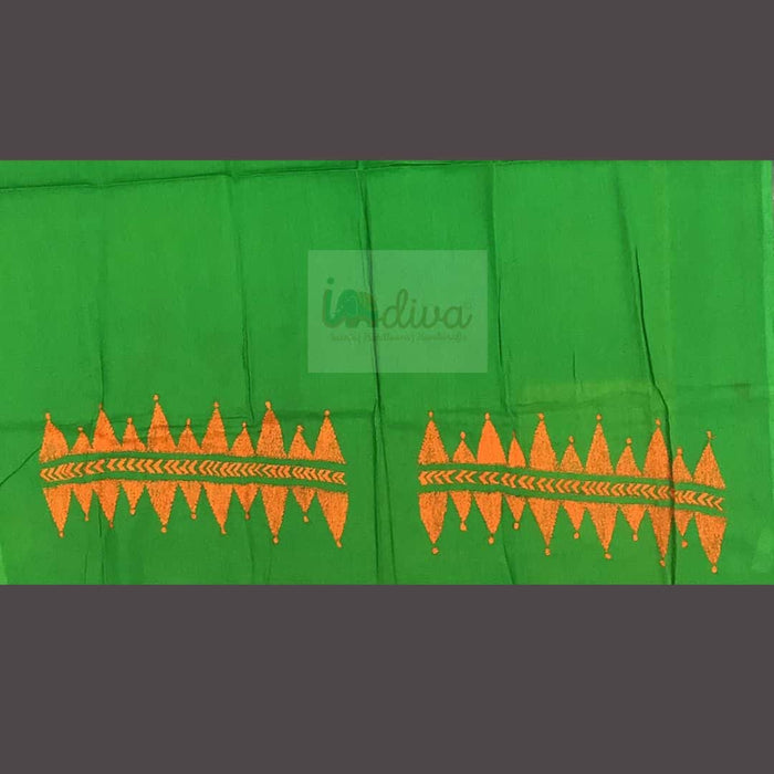 Green Kantha Blouse Fabric With Orange Embroidery-Sleeves