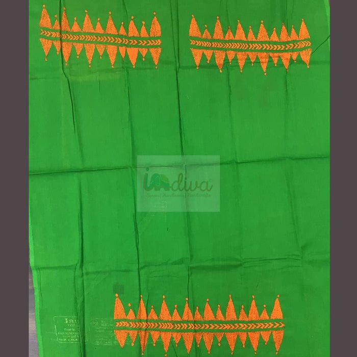 Green Kantha Blouse Fabric With Orange Embroidery