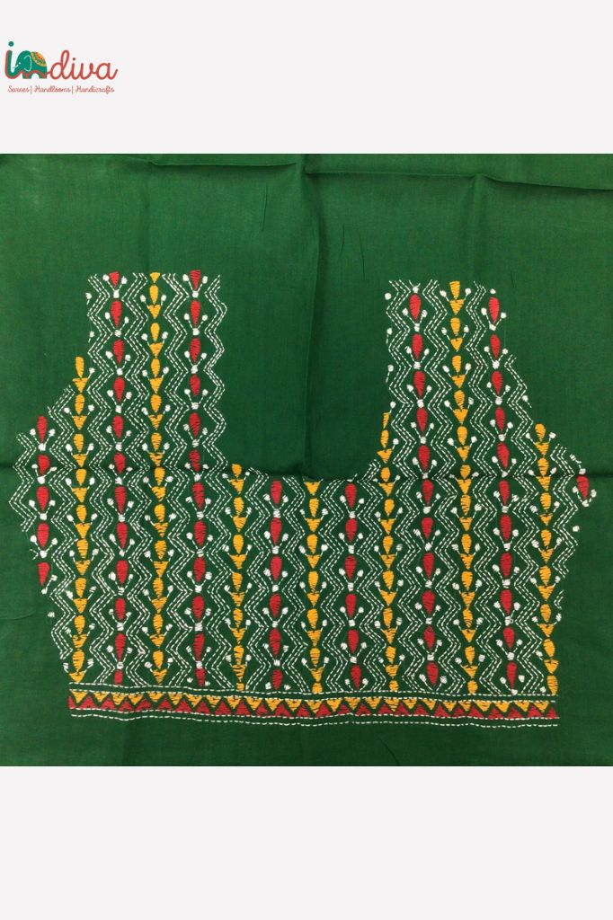 Green Kantha Stitch Blouse Fabric With White, Yellow & Red Motifs