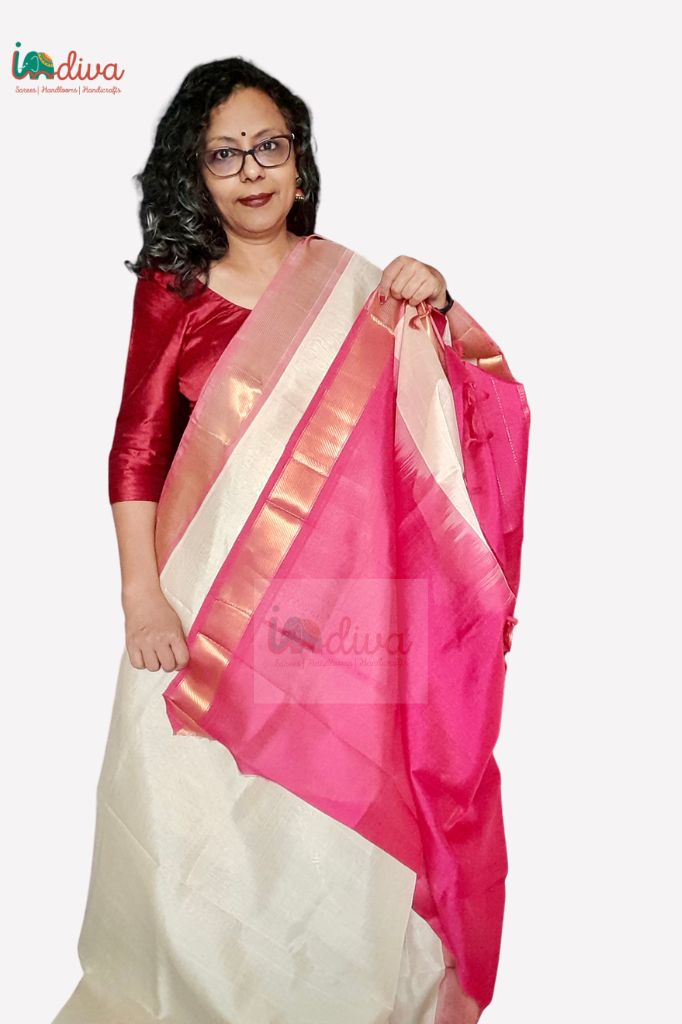 Off White & Pink Paturu Handloom Sico Saree