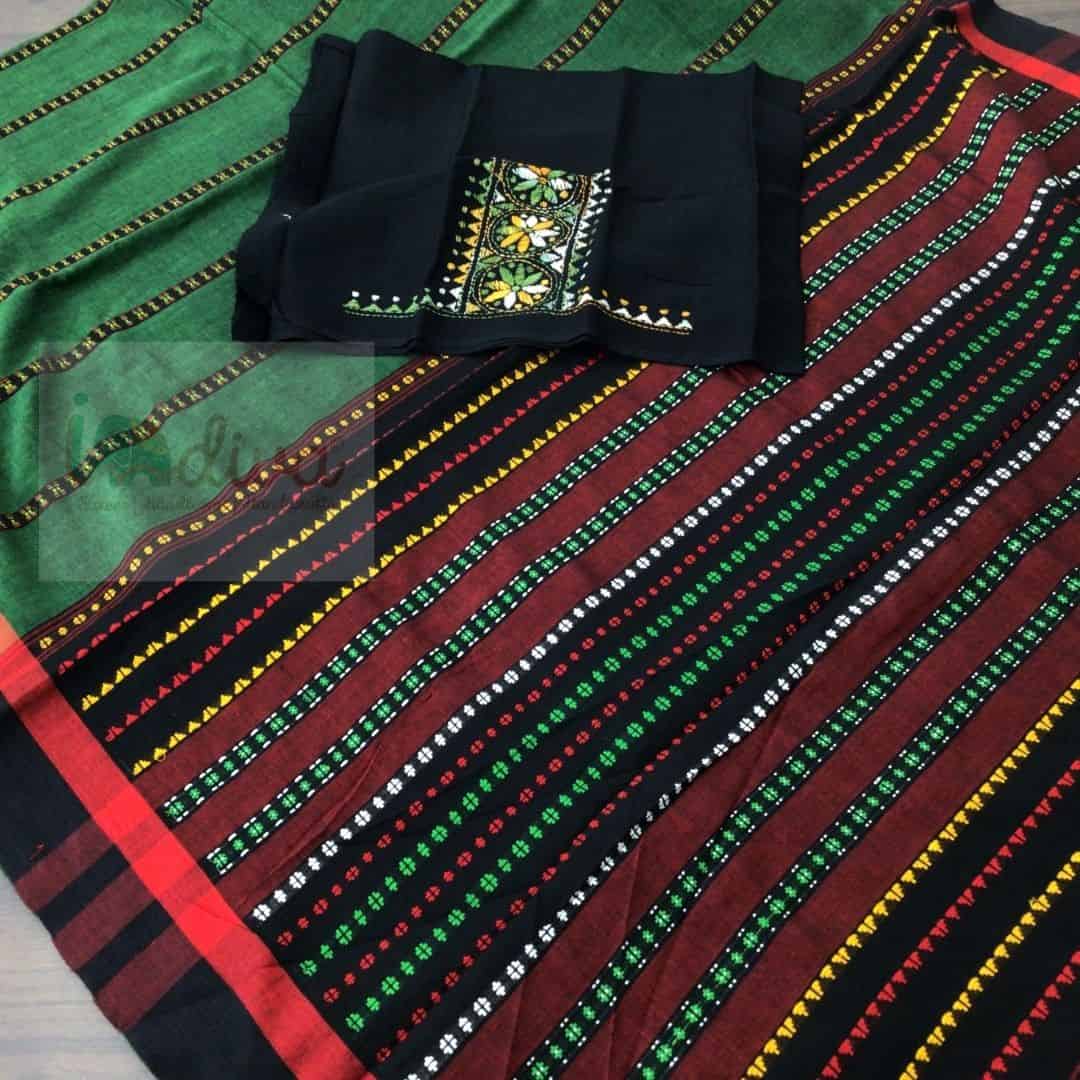 Indiva Begampur Handloom Green & Red Saree-Kantha Blouse