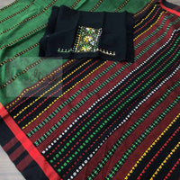 Indiva Begampur Handloom Green & Red Saree-Kantha Blouse