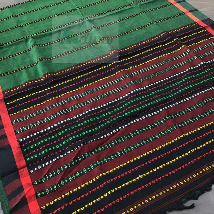 Indiva Begampur Handloom Green & Red Saree-Pallu Flat