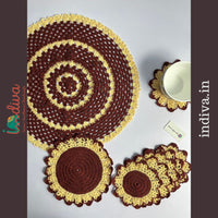 Indiva Beige & Brown Crochet Table Cover & Coaster-Set of 8_1