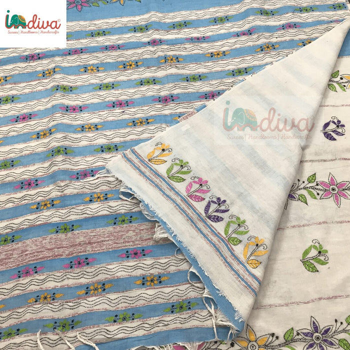 Indiva Handloom Khesh Kantha Embroidered Blue & White Cotton Saree-Blouse