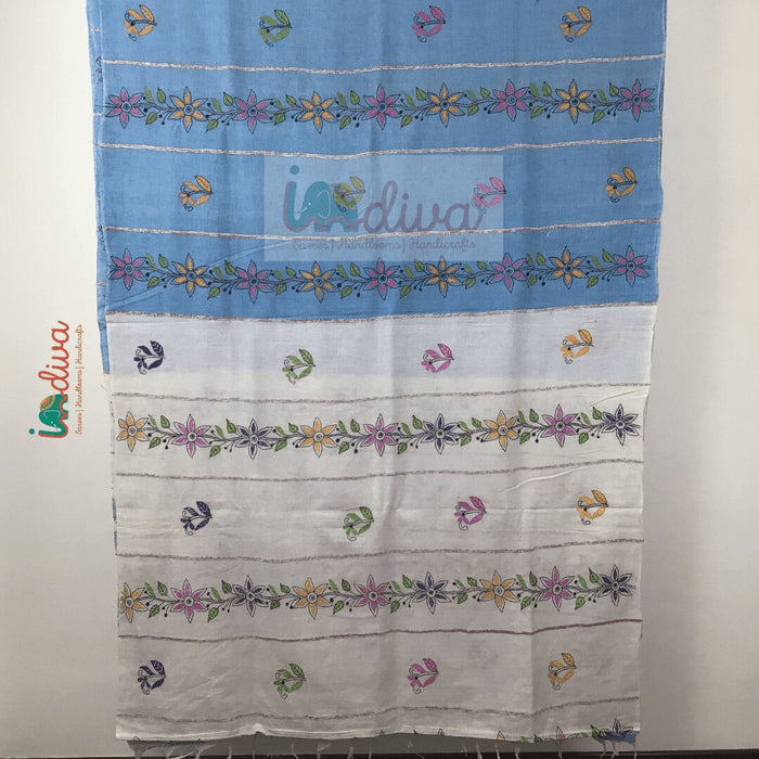 Indiva Handloom Khesh Kantha Embroidered Blue & White Cotton Saree-Pleats