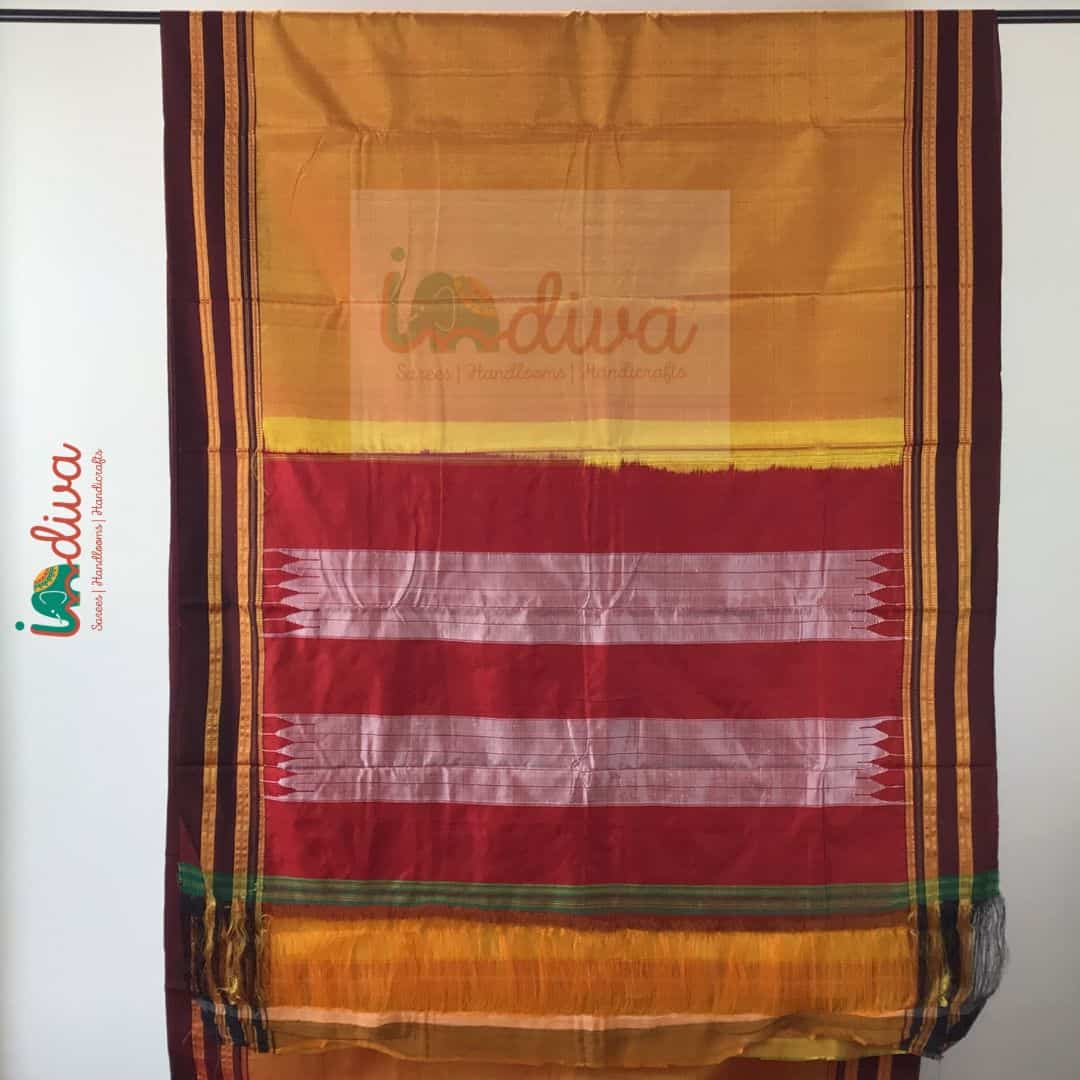Indiva Handloom Ilkal Yellow and Brown Saree with Gayatri Border