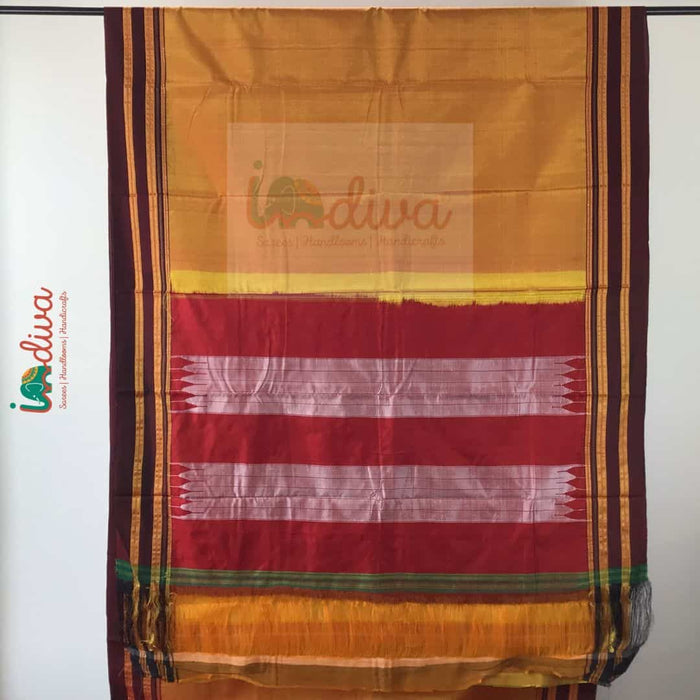 Indiva Handloom Ilkal Yellow and Brown Saree with Gayatri Border