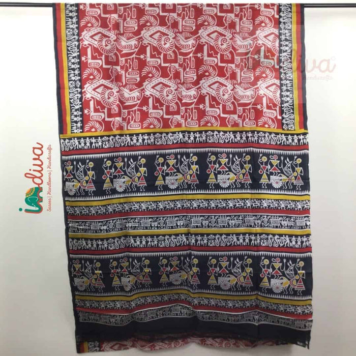 Indiva Murshidabad Silk Red Saree with Worli Motifs
