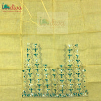 Indiva Yellow Kantha Blouse Fabric With Green & White Motifs-Back