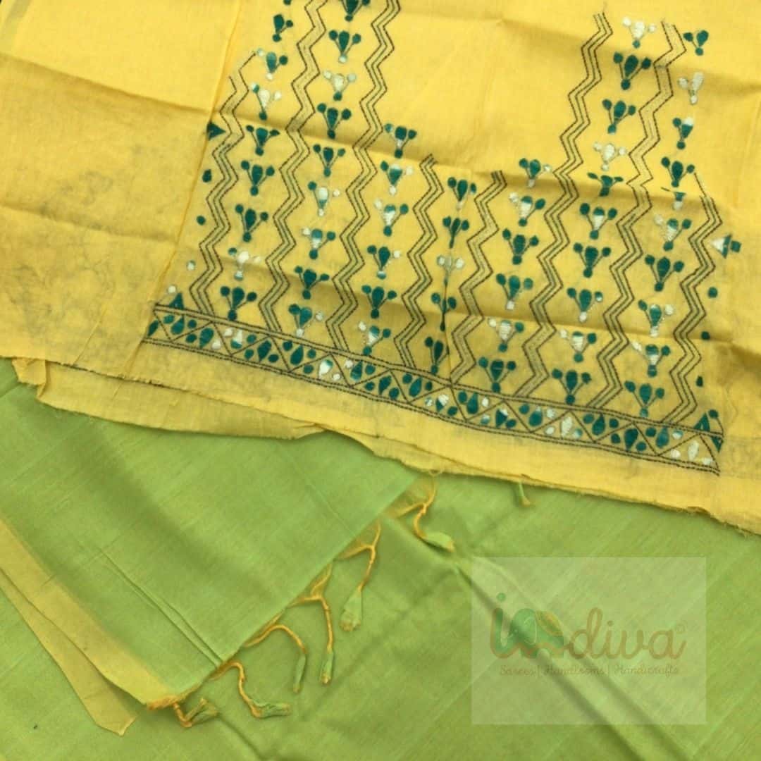 Indiva Yellowish Green Mangalgiri Cotton Saree with BP-Flat