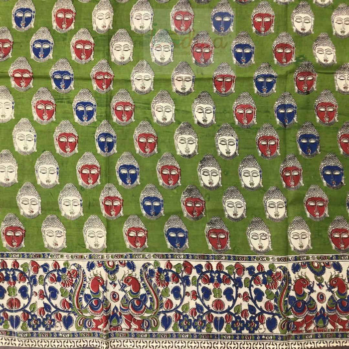 Kalamkari Chennur Silk Buddha Face Green Saree-Border