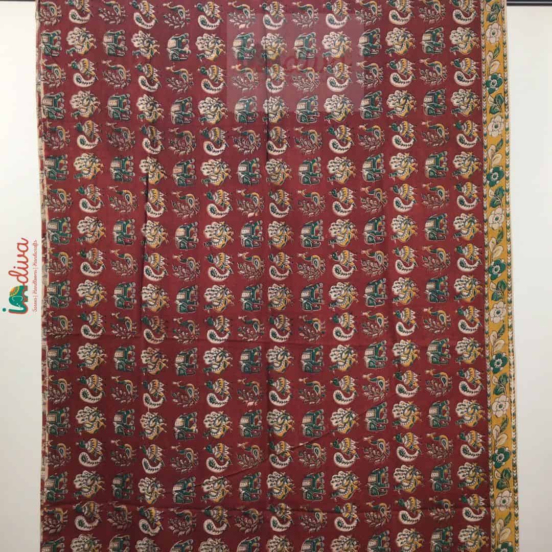 Kalamkari Chennur Silk Peacock Motifs Maroon Saree-Body