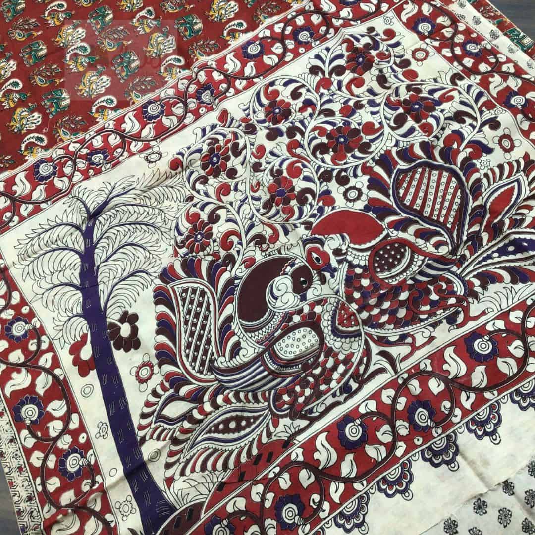 Kalamkari Chennur Silk Peacock Motifs Maroon Saree-Pallu Flat