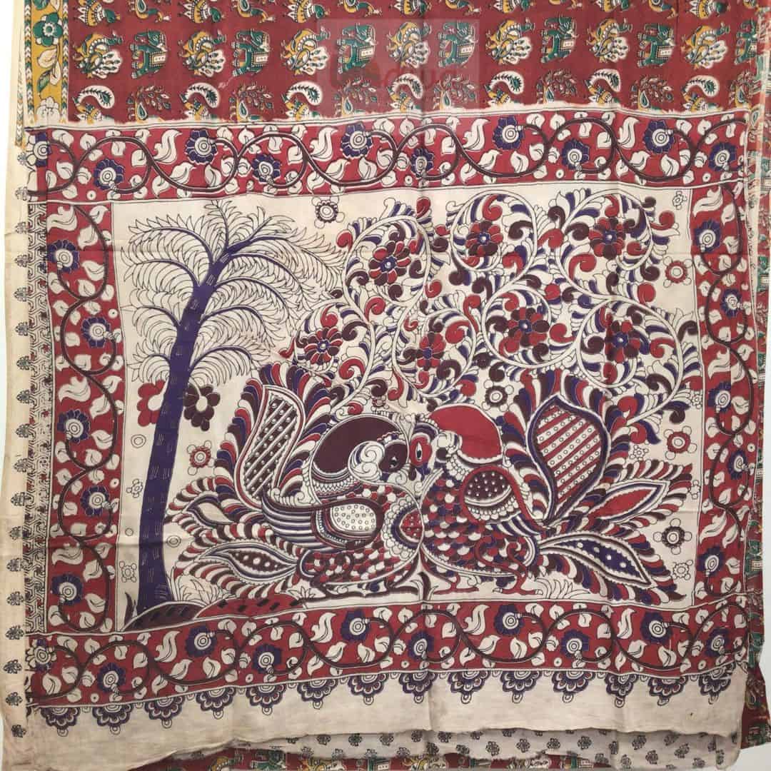 Kalamkari Chennur Silk Peacock Motifs Maroon Saree-Pallu-