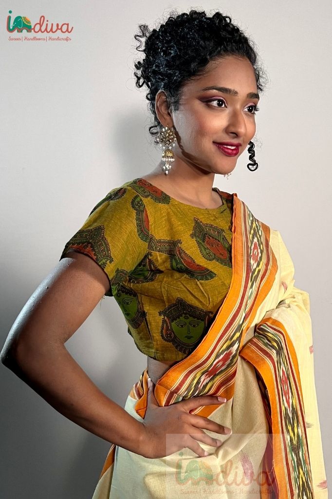 Kalamkari Yellow Cotton Saree Blouse