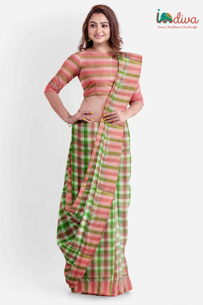Pink & Green Checks Handloom Mangalgiri Cotton Saree