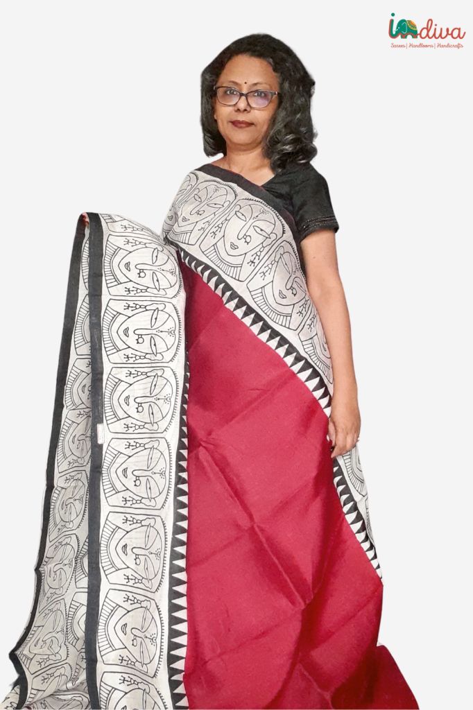 Maroon Block Printed Murshidabad Silk saree