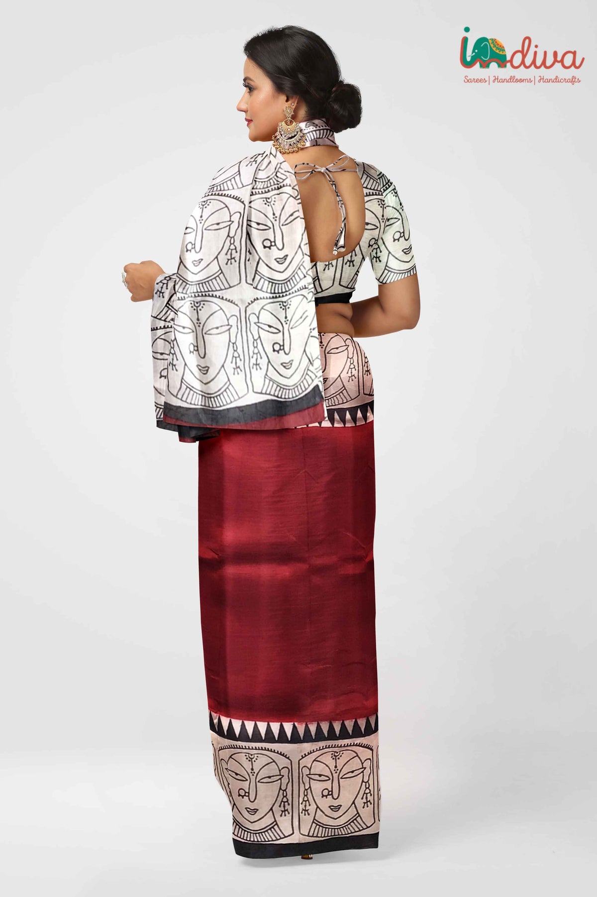 Maroon Block Printed Murshidabad Silk saree