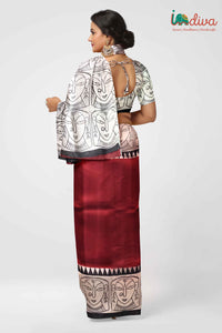 Maroon Block Printed Murshidabad Silk saree